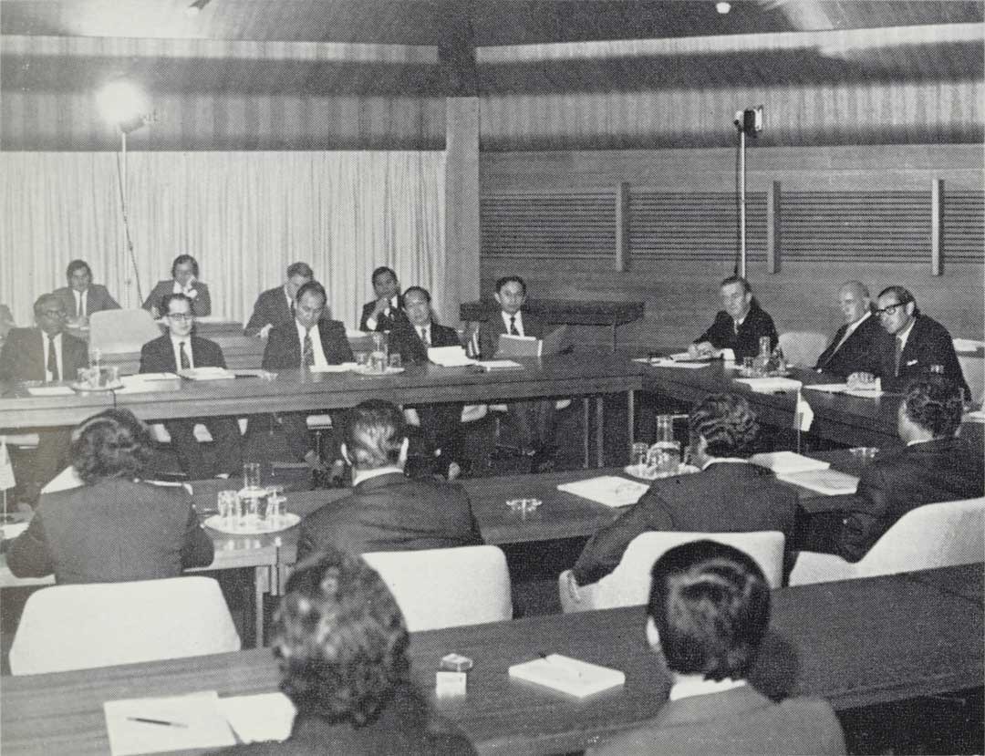 Black and white newspaper photograph of ASEAN Secretaries-General meeting in Canberra in 1973