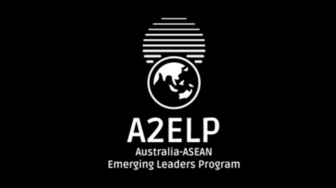 The logo is a black and white design featuring a globe of the world with a distinctive shadow cast behind it, adorned with white stripes. The primary text beneath the globe reads 'A2ELP.' Directly under this heading is the full text, 'Australia-ASEAN Emerging Leaders Program.