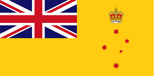 The Governor's Personal Standard - Victoria 1984 Flag, featuring a gold background with red southern Cross stars and a Royal Crown Above. Union Jack on the top left, mirroring the state Flag's design.